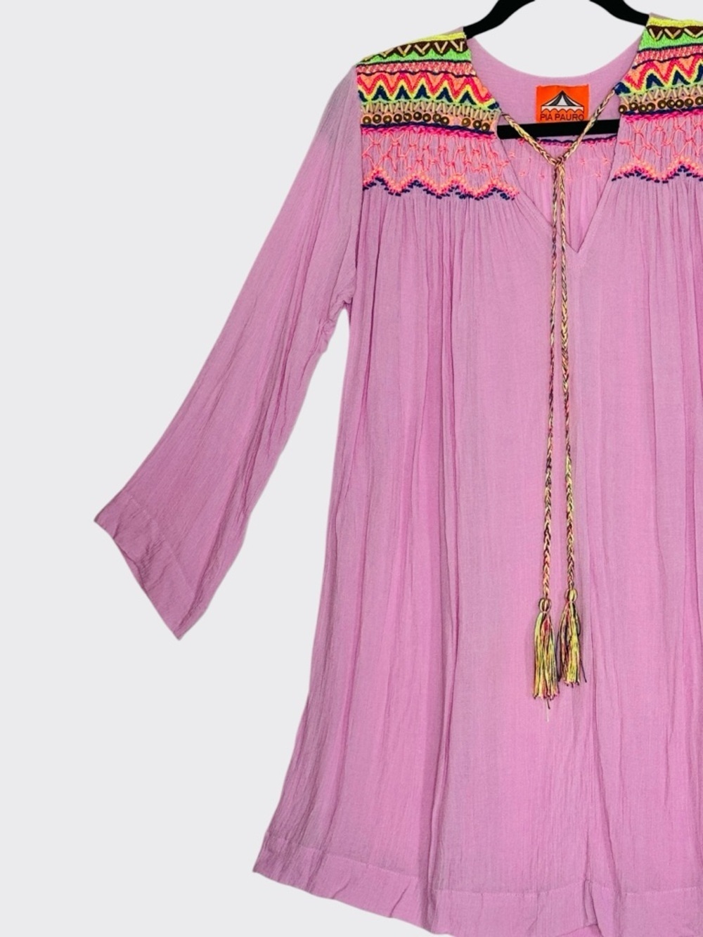 Pia Pauro Pink Embroidered Swim Cover-Up Tunic XS Boho Tassel Dress - Picture 8 of 14